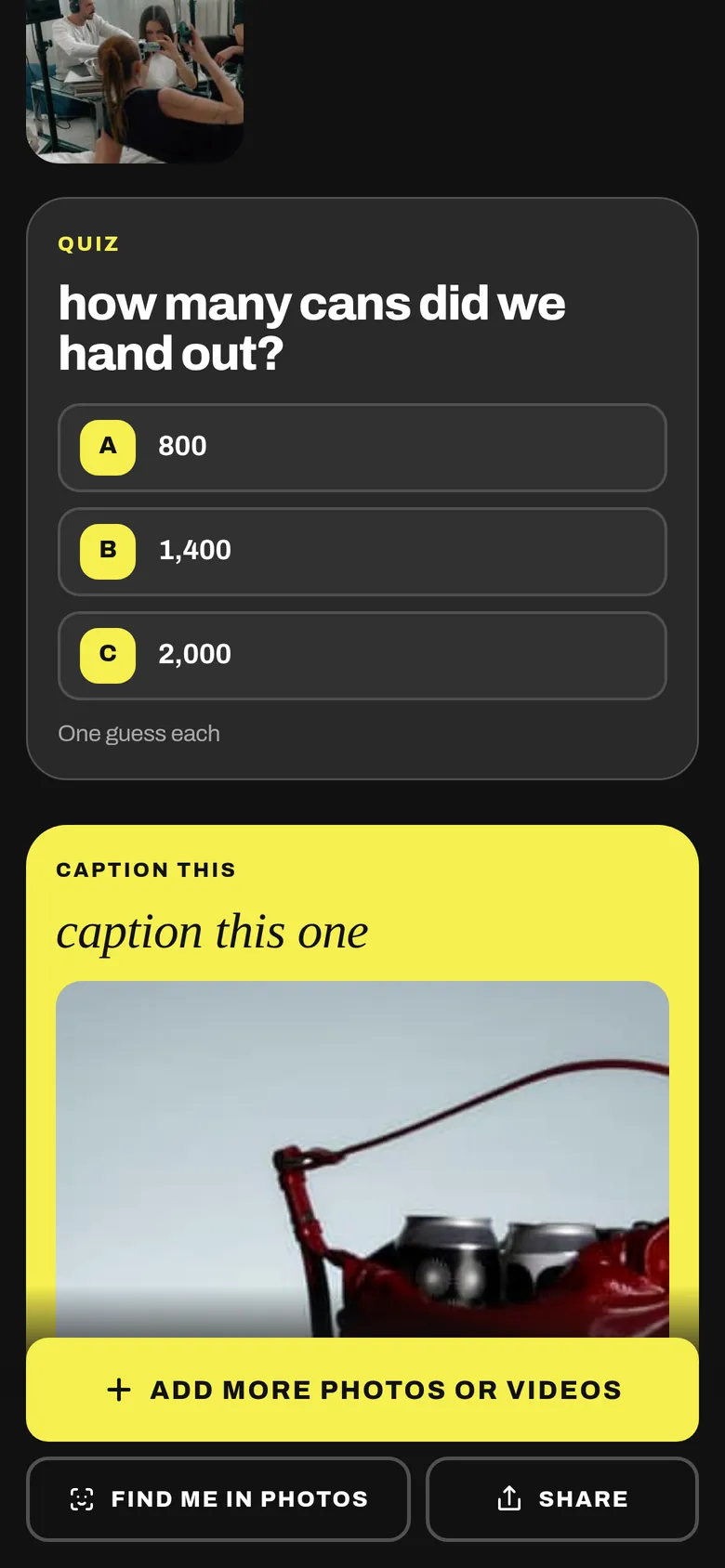 A quiz card in the album asking how many cans were handed out