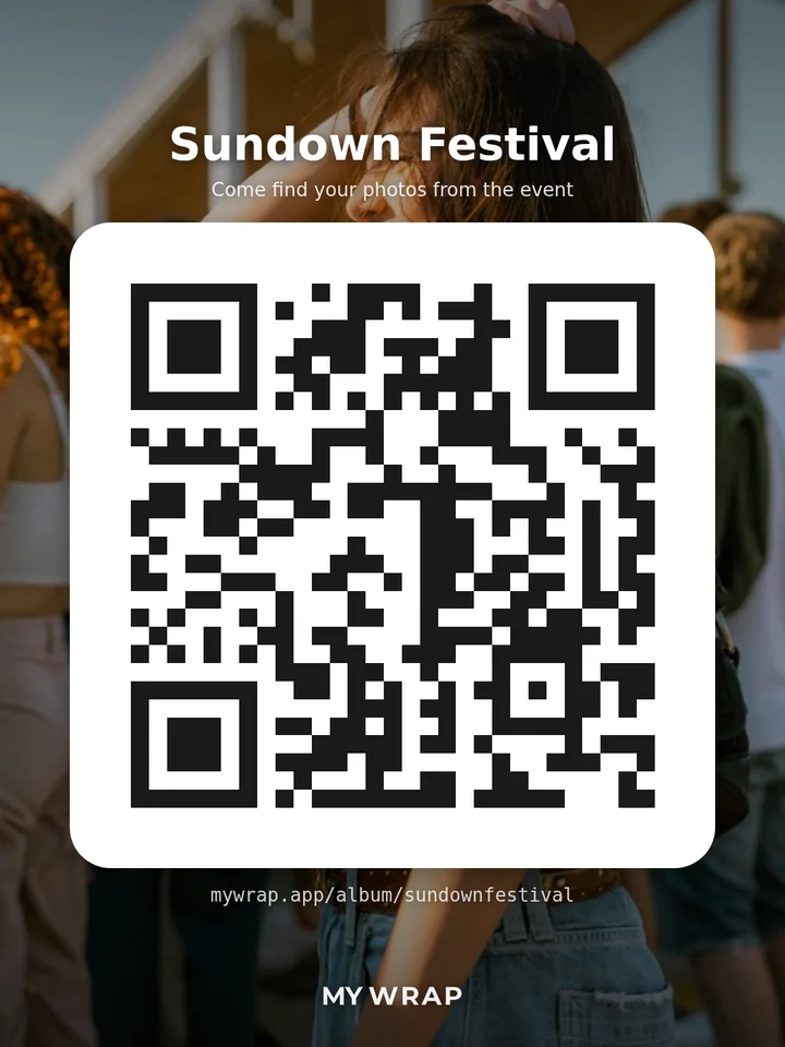A QR poster for the Sundown Festival album: the cover photo behind a large QR code, with Come find your photos from the event