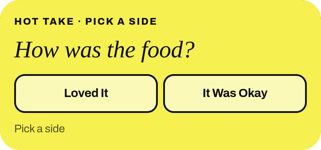 A pick a side card in the album asking how the food was