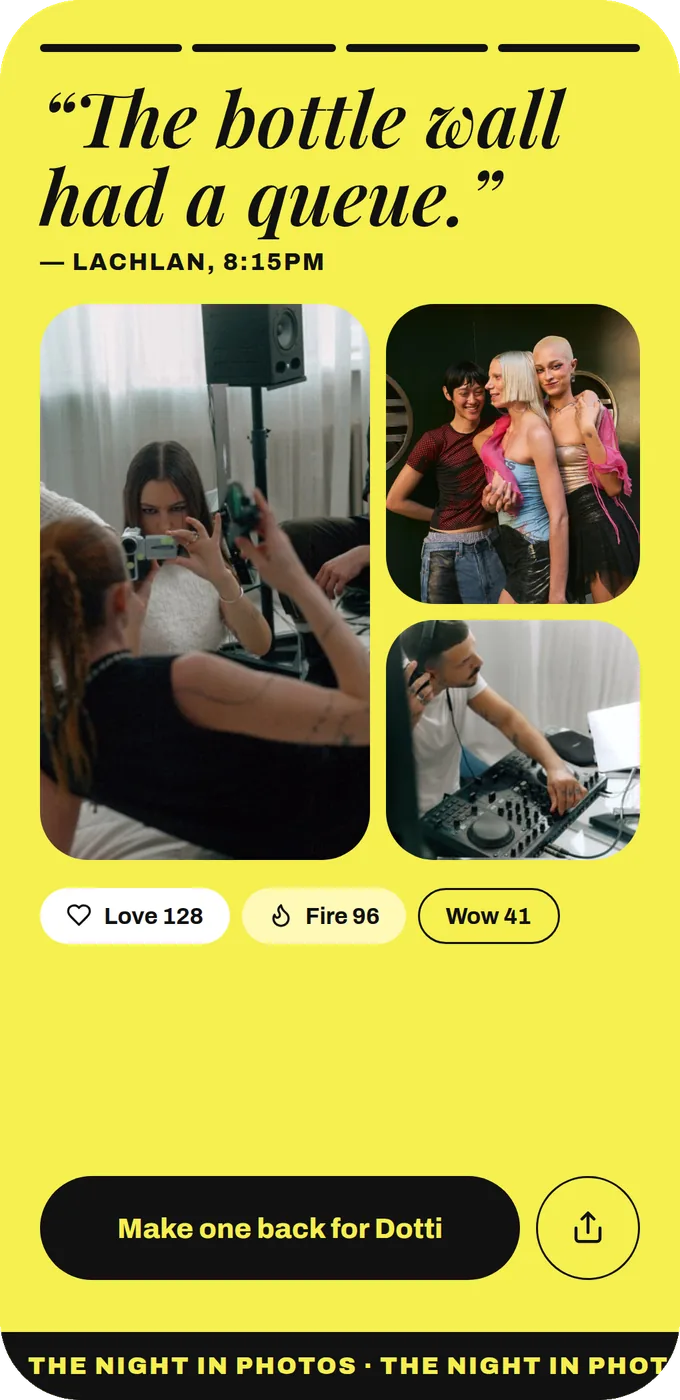 A slide from the event’s recap: a guest quote with three photos from the album