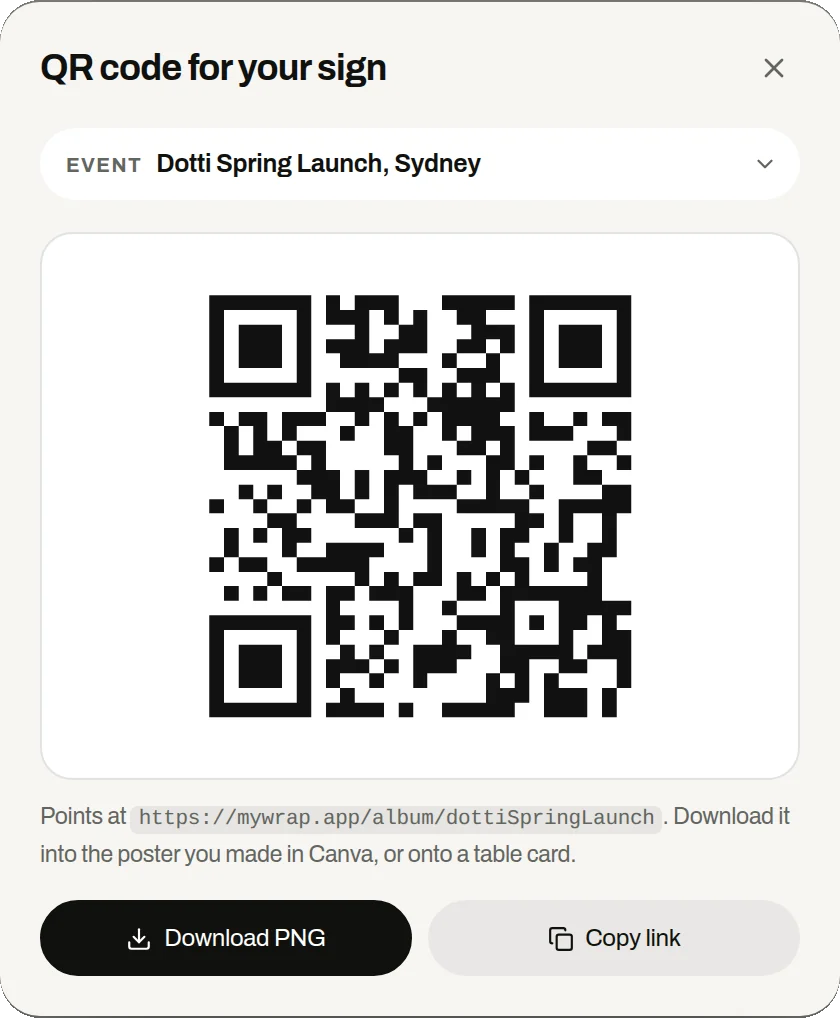 The QR code for your sign sheet in the workspace, with Download PNG and Copy link