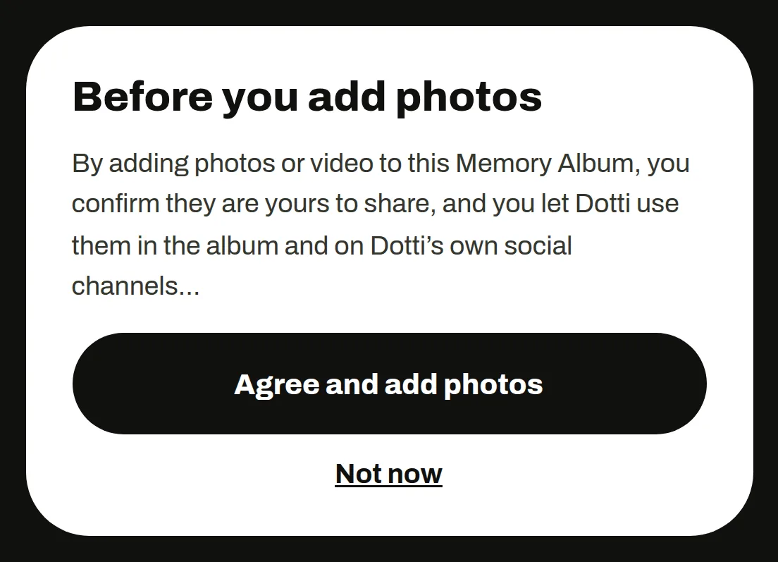 What a guest sees before adding photos, with Agree and add photos