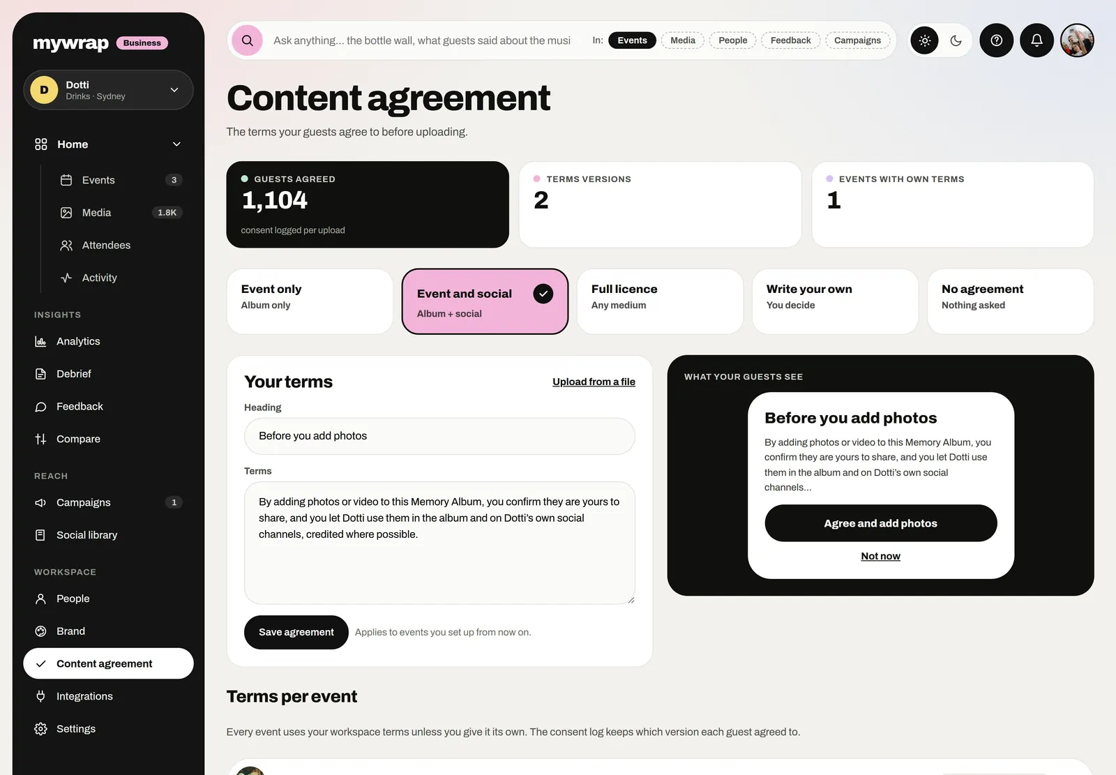 The Content agreement page with the terms guests see before they add photos