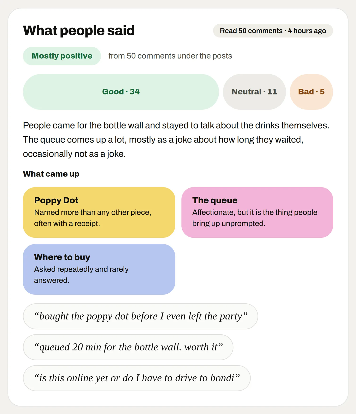 What people said: comments read and grouped, with the guests’ own words