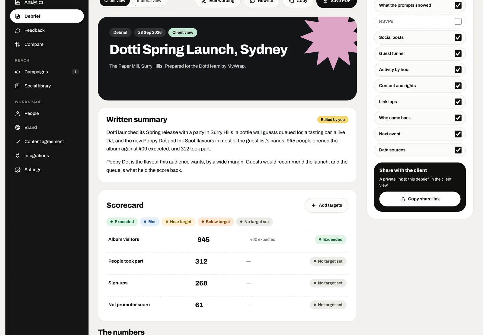 The Debrief page, ready to review and save as a PDF