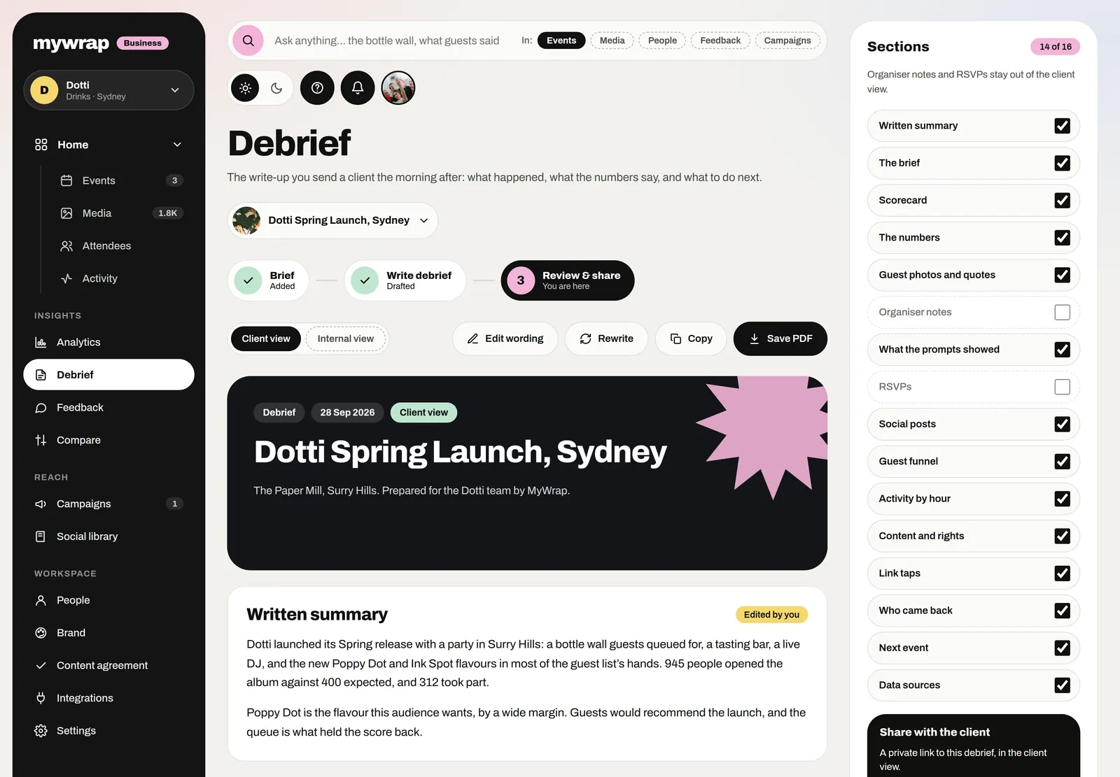 The Debrief page, ready to review and save as a PDF