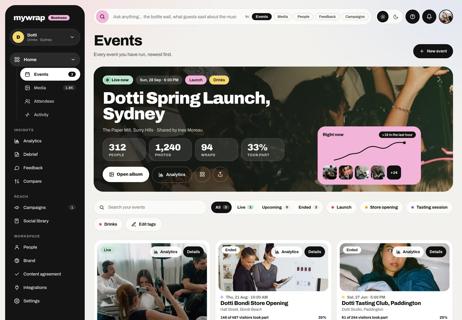 The Events page with the live Dotti Spring Launch card and its numbers