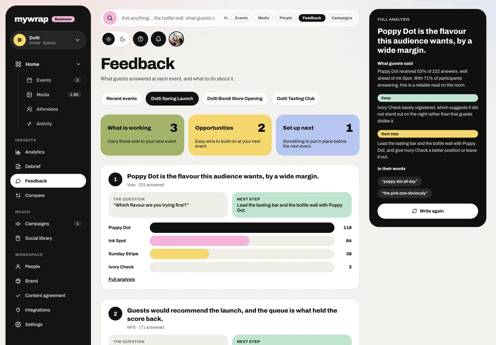 The Feedback page with each prompt’s answers and a next step