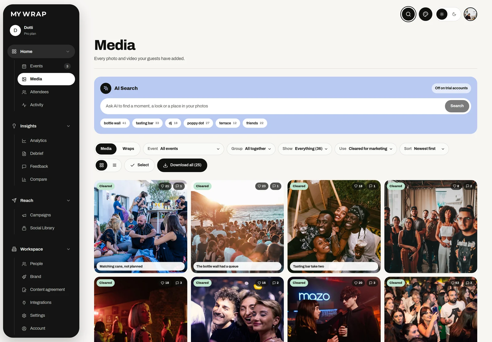 The Media page with Use set to Cleared for marketing, showing only photos marked Cleared