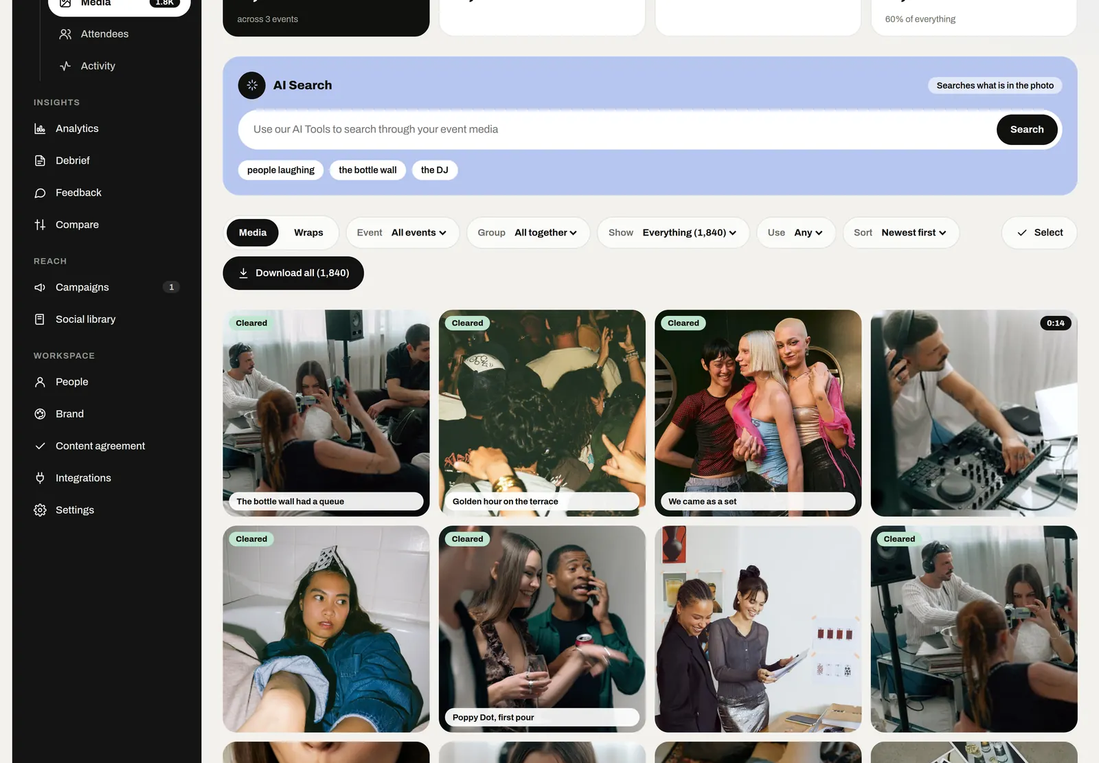The Media library: every photo and video from the brand’s events, each marked with its rights