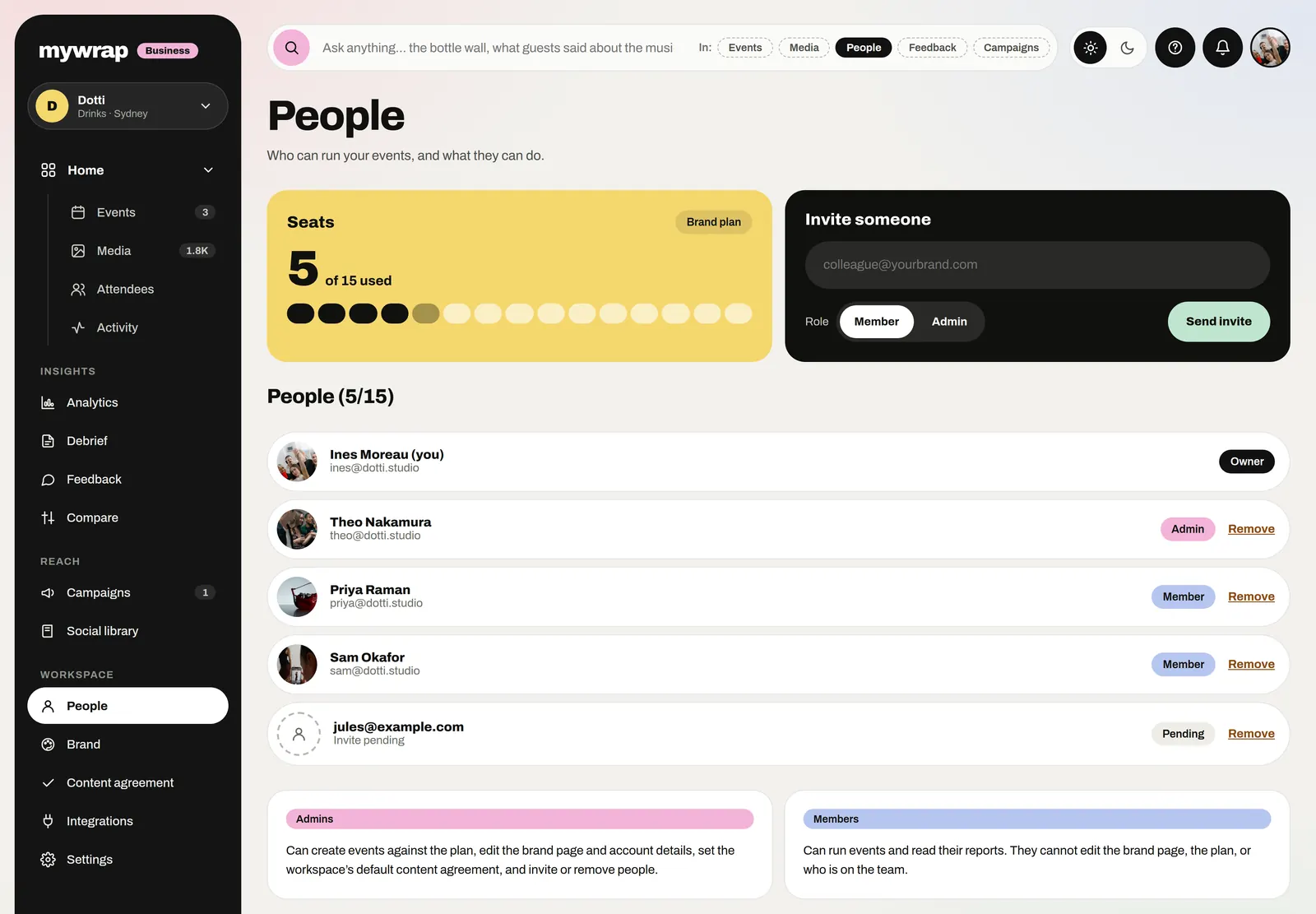 The People page with seats on the plan and each person’s role