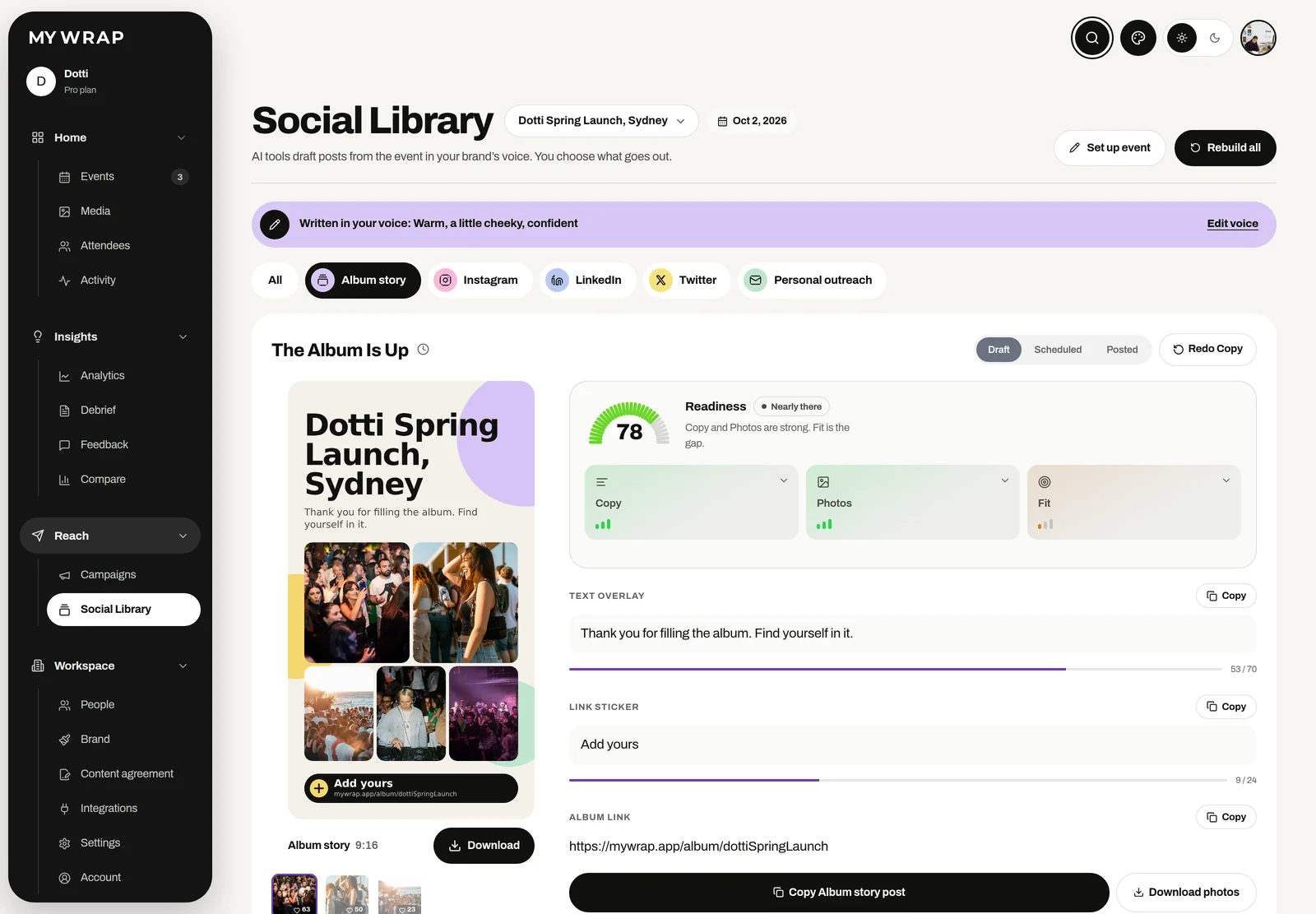 The Social library on its Album story tab, with the story poster and its words ready to copy