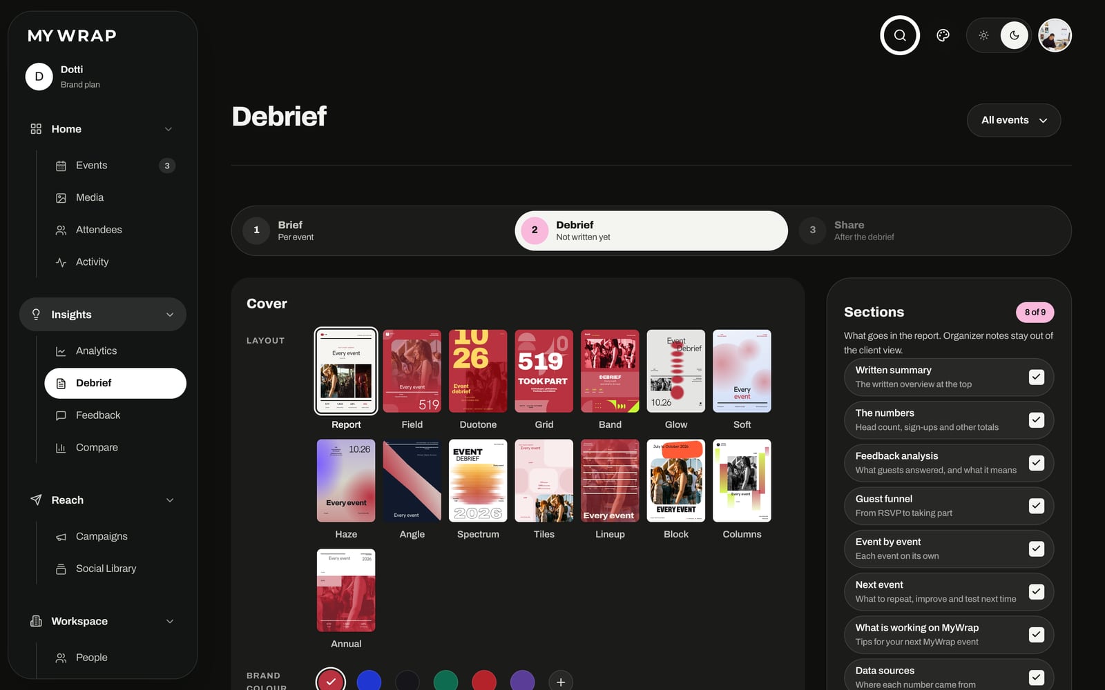The MyWrap post-event debrief builder, with report cover layouts and the sections a client reads